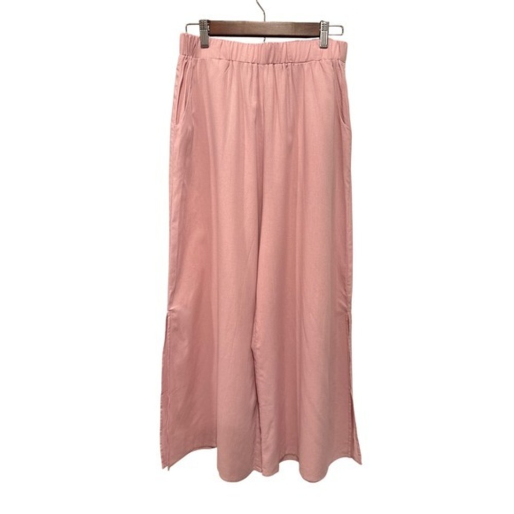 Things Between Womens Linen Blend Pants Wide Leg Casual Side Slit Pull Up Pink M